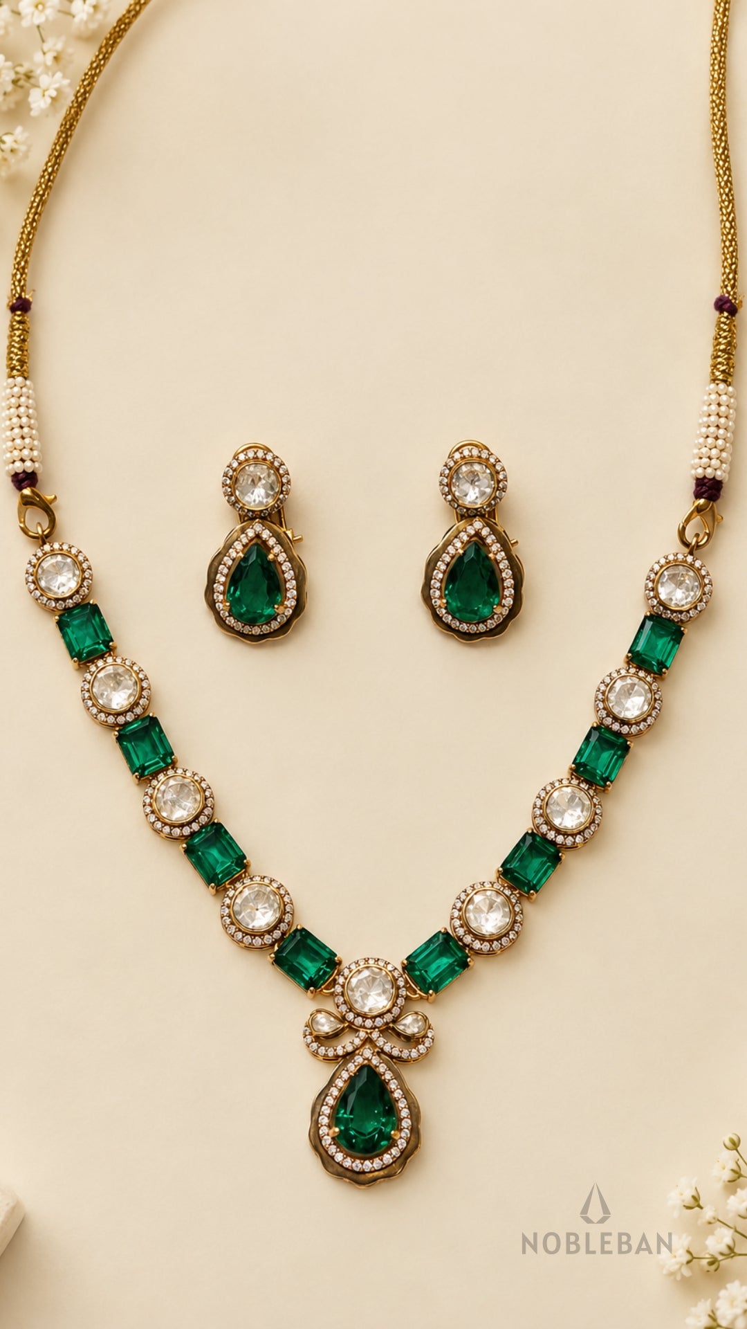 925 Silver Emerald Green Polki Moissanite Necklace Set in Yellow polish