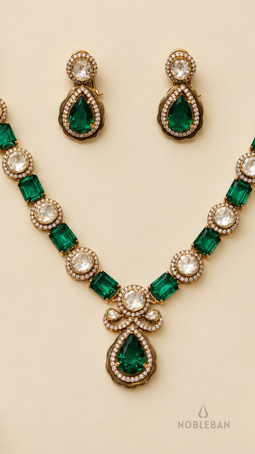 925 Silver Emerald Green Polki Moissanite Necklace Set in Yellow polish