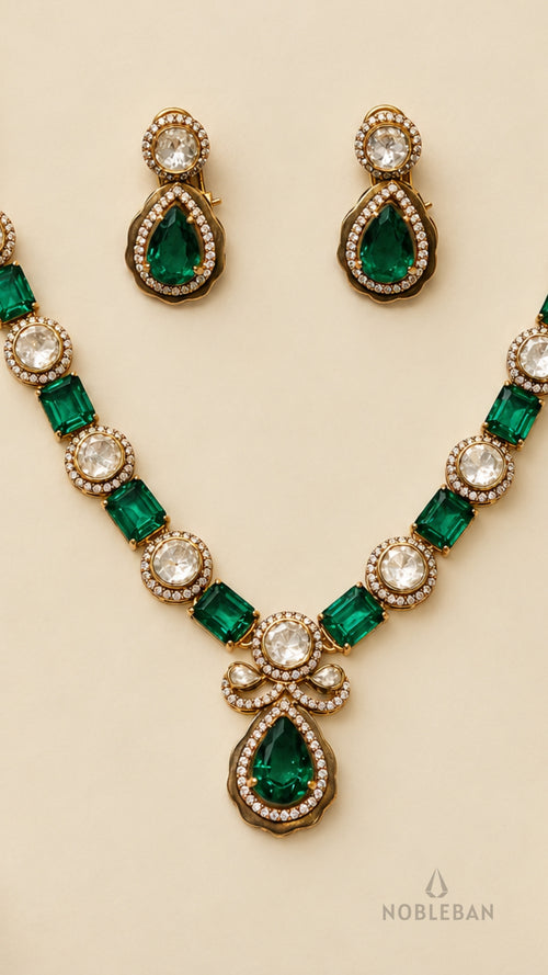 925 Silver Emerald Green Polki Moissanite Necklace Set in Yellow polish