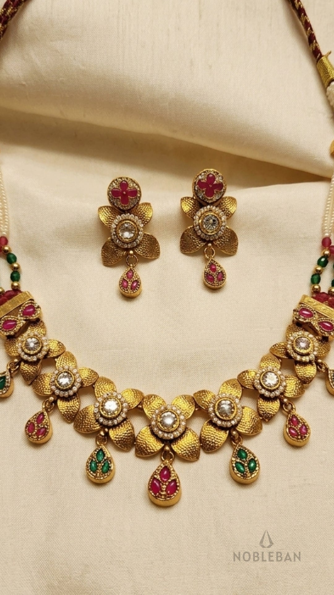 Heritage 925 Silver Floral Necklace Set with Yellow Gold Polish