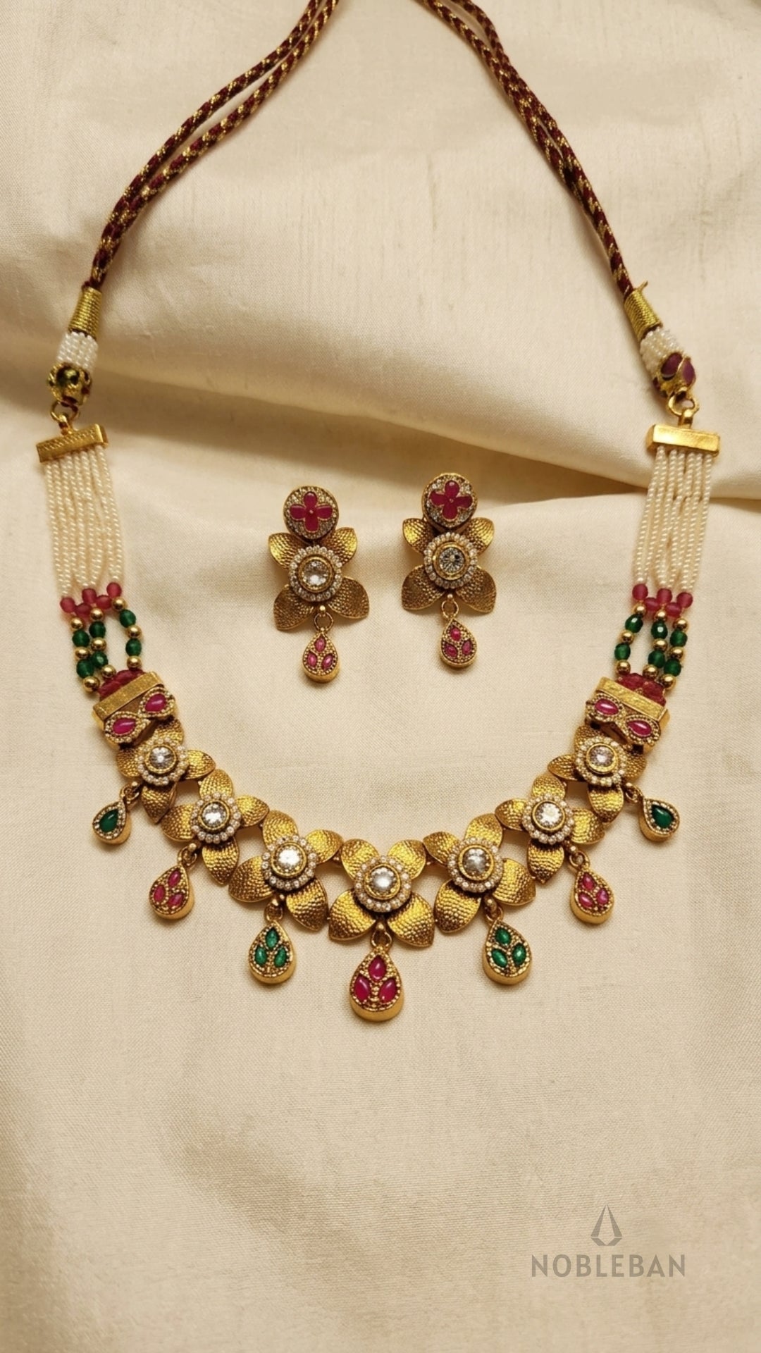 Heritage 925 Silver Floral Necklace Set with Yellow Gold Polish