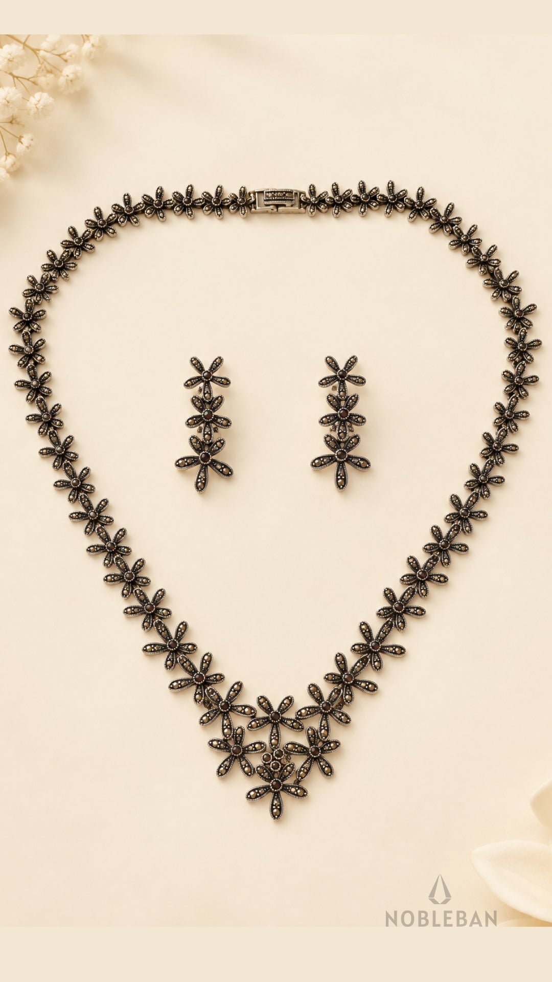 925 Silver Marcasite Floral Necklace Set
