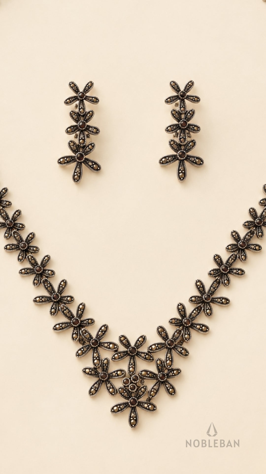 925 Silver Marcasite Floral Necklace Set