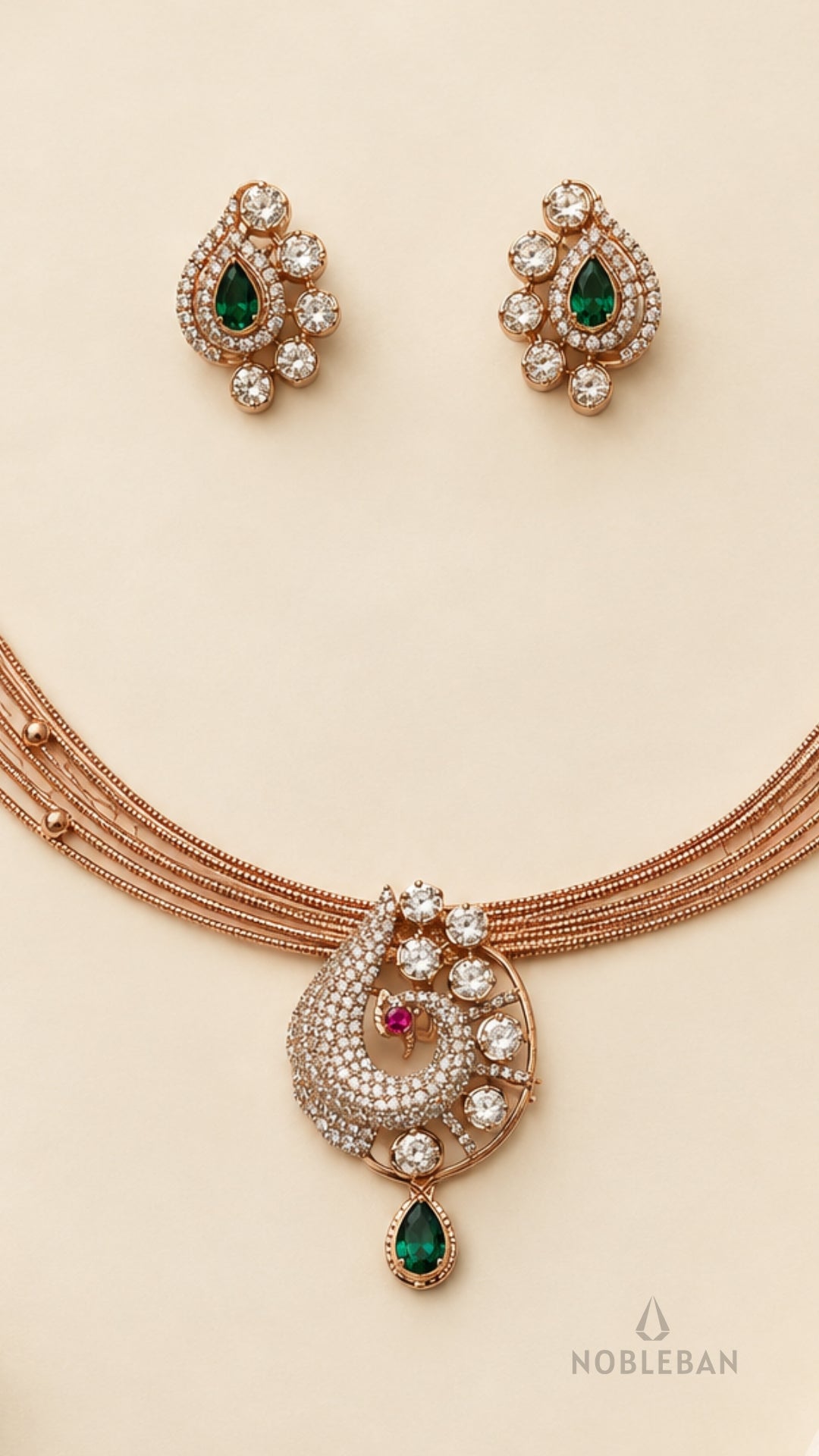 925 Silver Rose Emerald & Moissanite Stiff Necklace Set