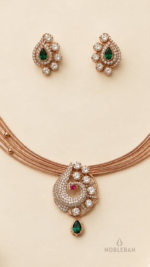 925 Silver Rose Emerald & Moissanite Stiff Necklace Set