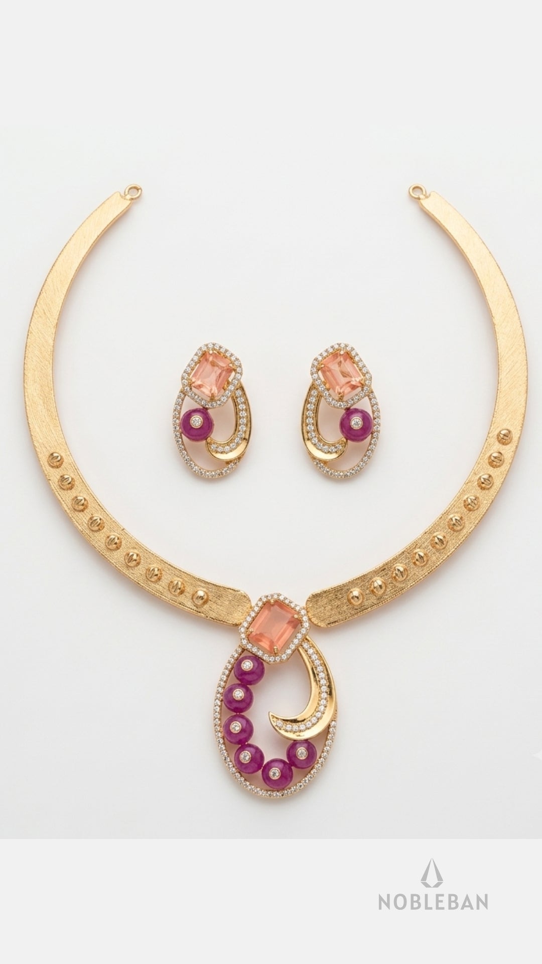 925 Silver Rose Gold Stiff Necklace Set with Pink Stones