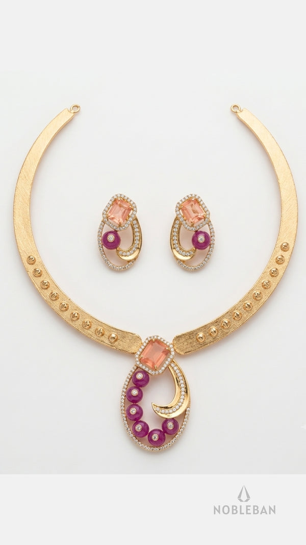 925 Silver Rose Gold Stiff Necklace Set with Pink Stones