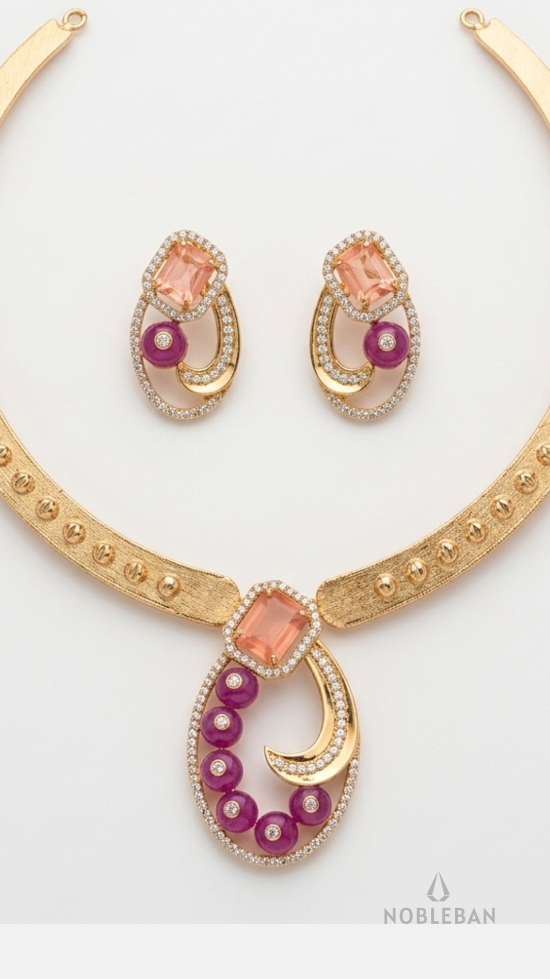 925 Silver Rose Gold Stiff Necklace Set with Pink Stones