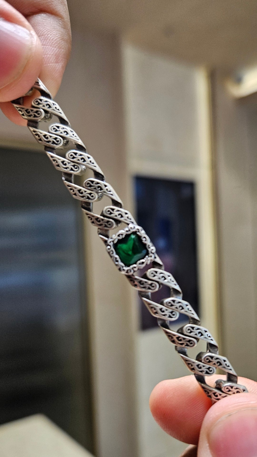 Engraved Cuban Link Bracelet with Emerald Green Center Stone