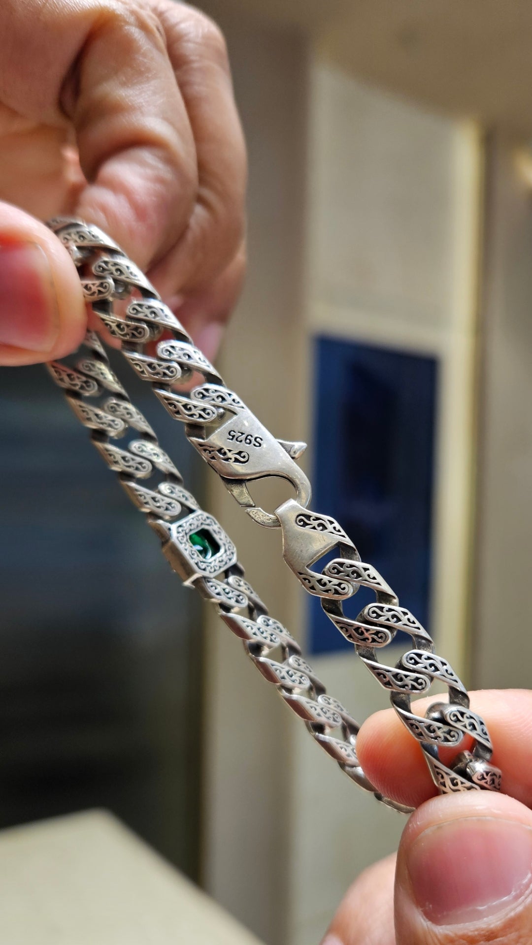Engraved Cuban Link Bracelet with Emerald Green Center Stone