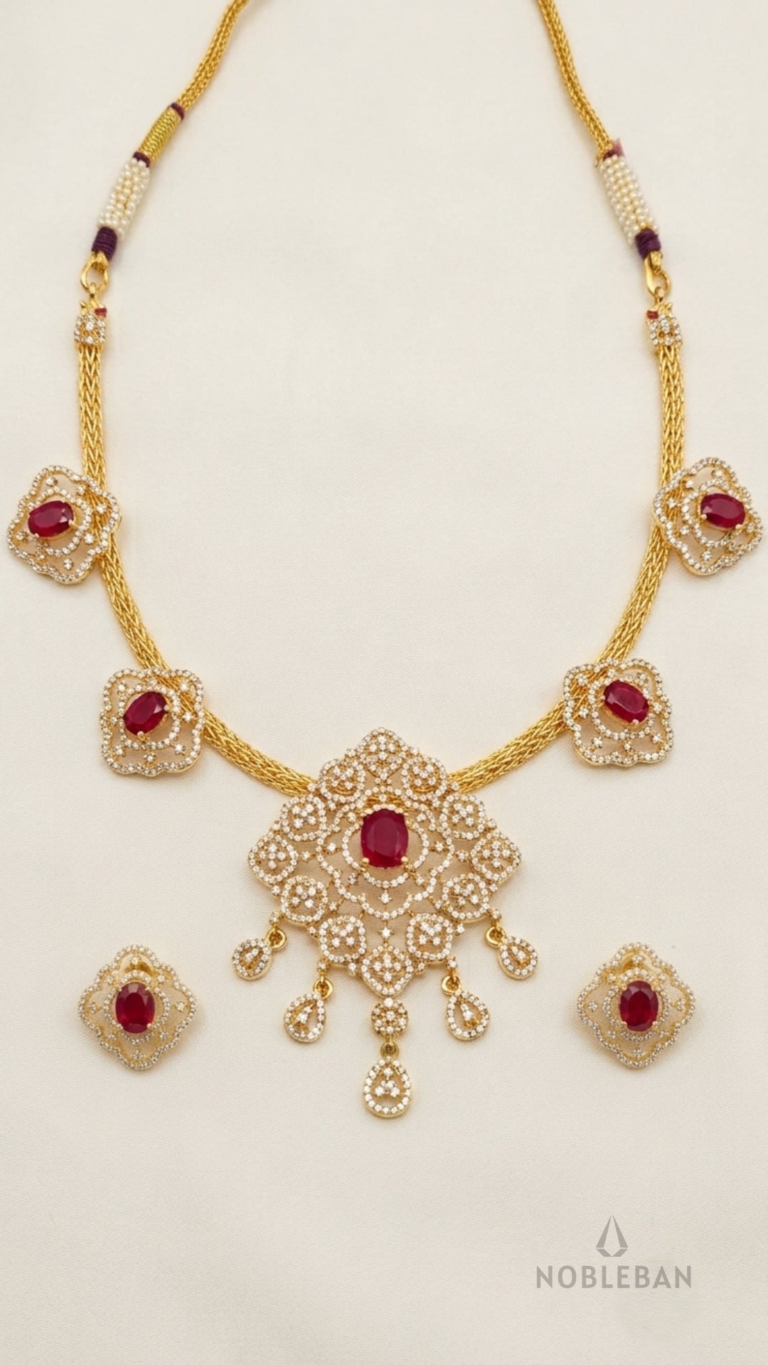 925 Silver Yellow Polish Ruby-Coloured Stone & CZ Diamond Necklace Set