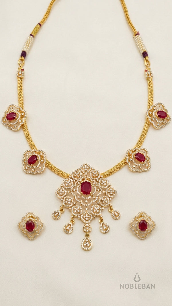 925 Silver Yellow Polish Ruby-Coloured Stone & CZ Diamond Necklace Set