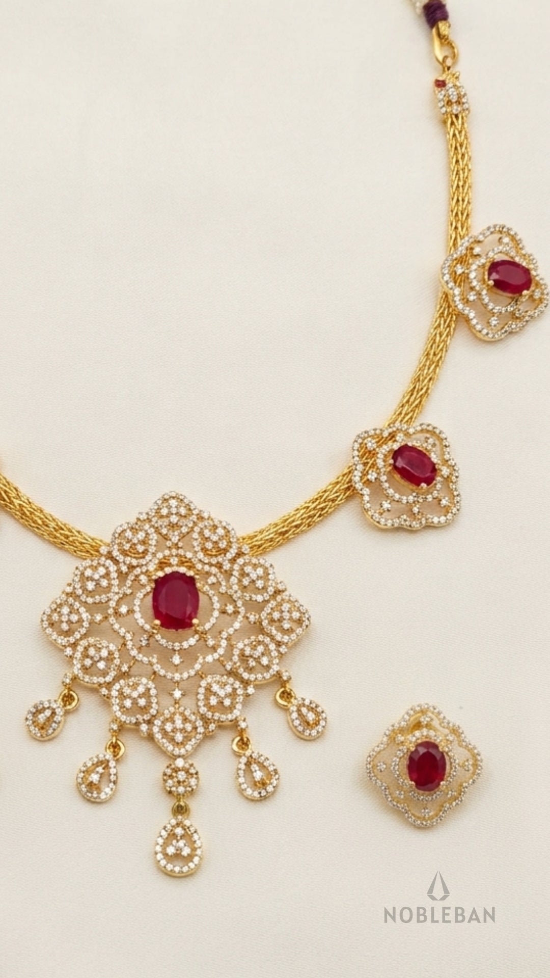 925 Silver Yellow Polish Ruby-Coloured Stone & CZ Diamond Necklace Set
