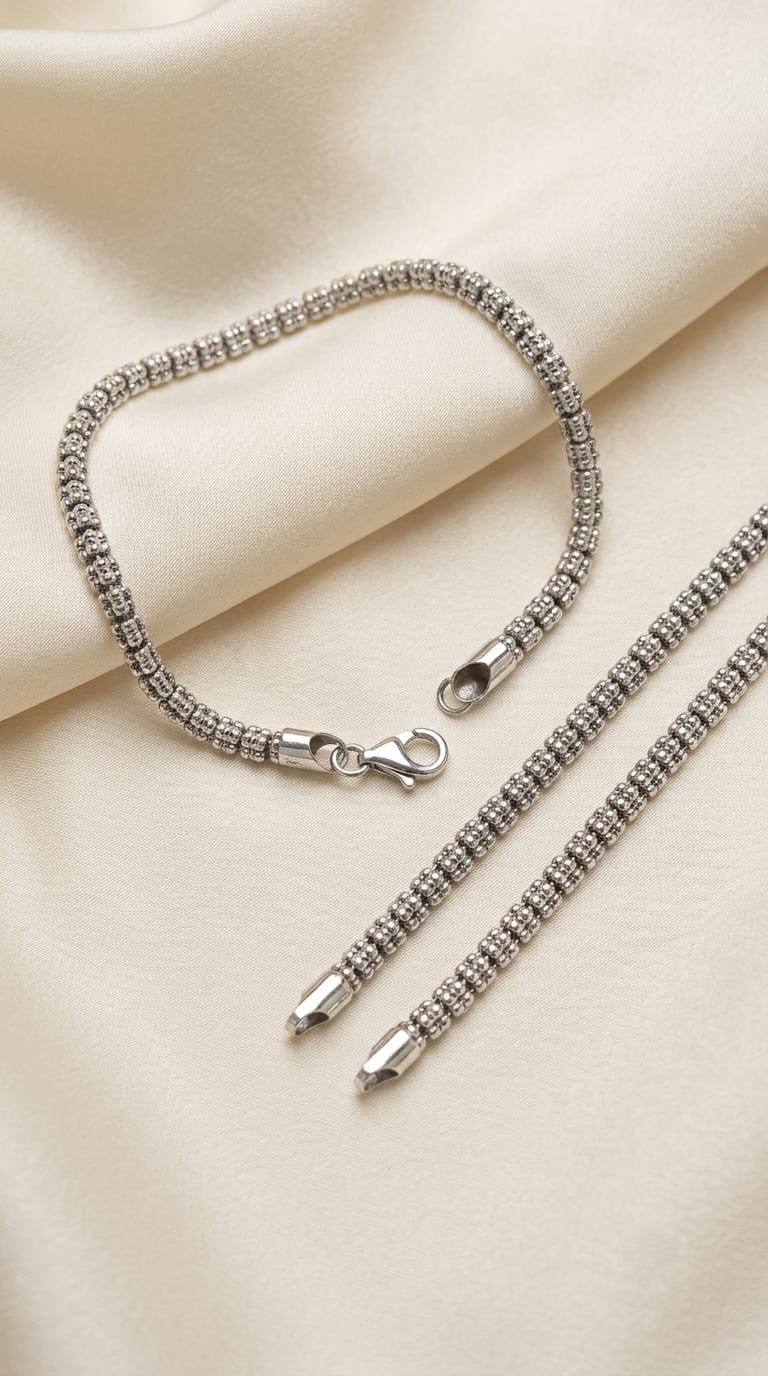 925 Silver Classic Beaded Anklets – Pair
