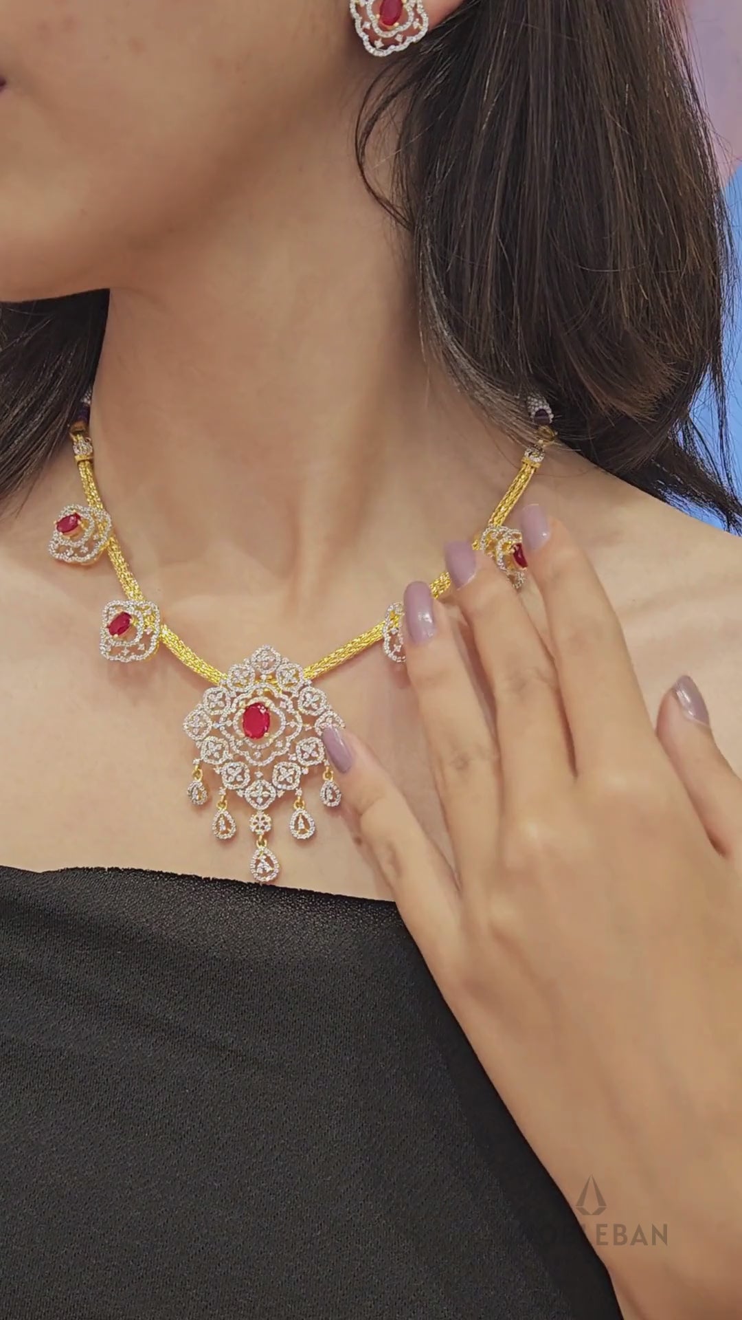 925 Silver Yellow Polish Ruby-Coloured Stone & CZ Diamond Necklace Set