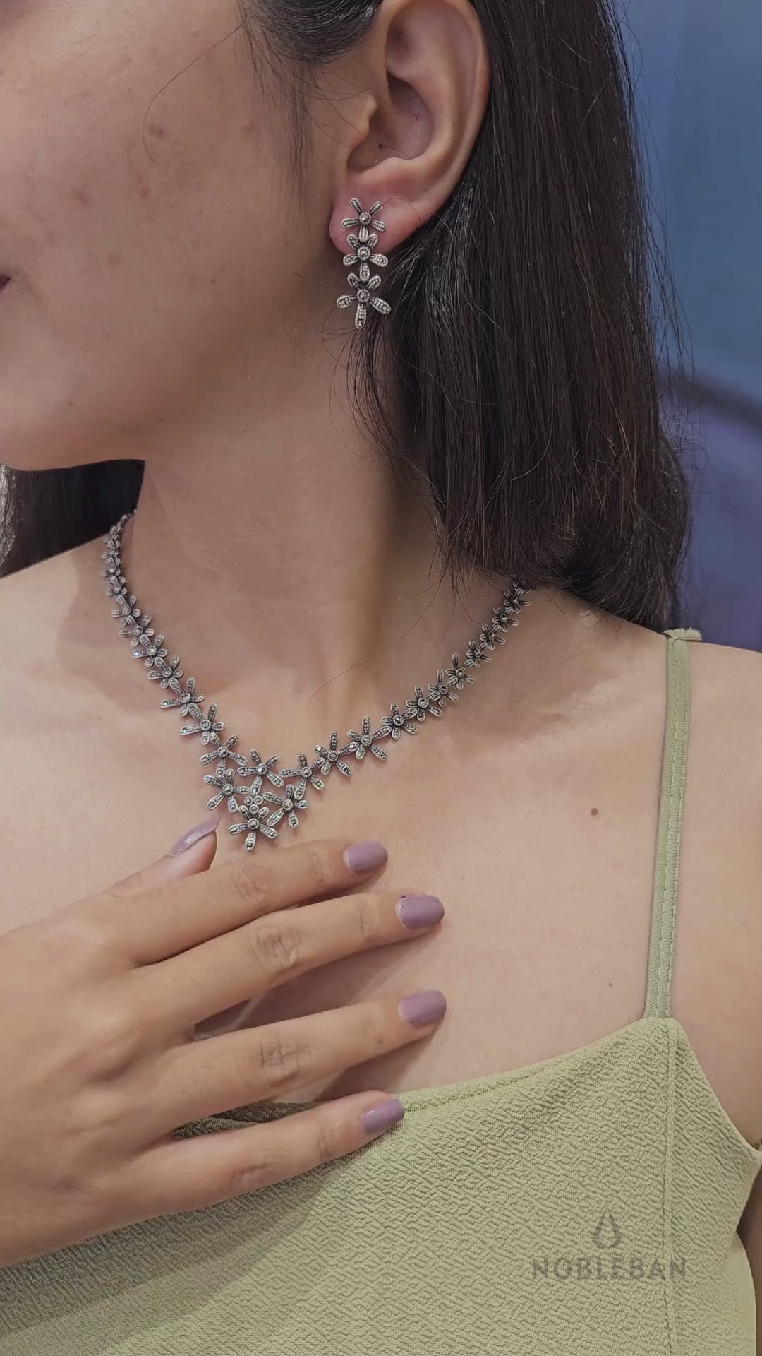 925 Silver Marcasite Floral Necklace Set