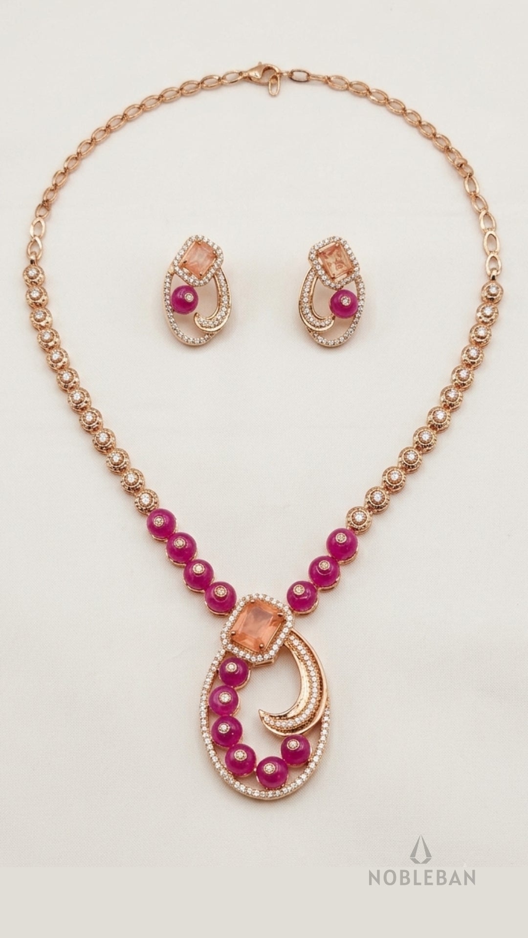 925 Silver Rose Gold Necklace Set with Pink Stones