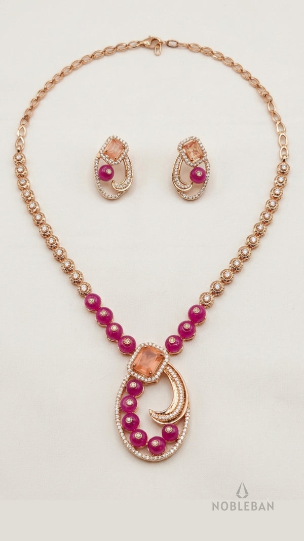 925 Silver Rose Gold Necklace Set with Pink Stones