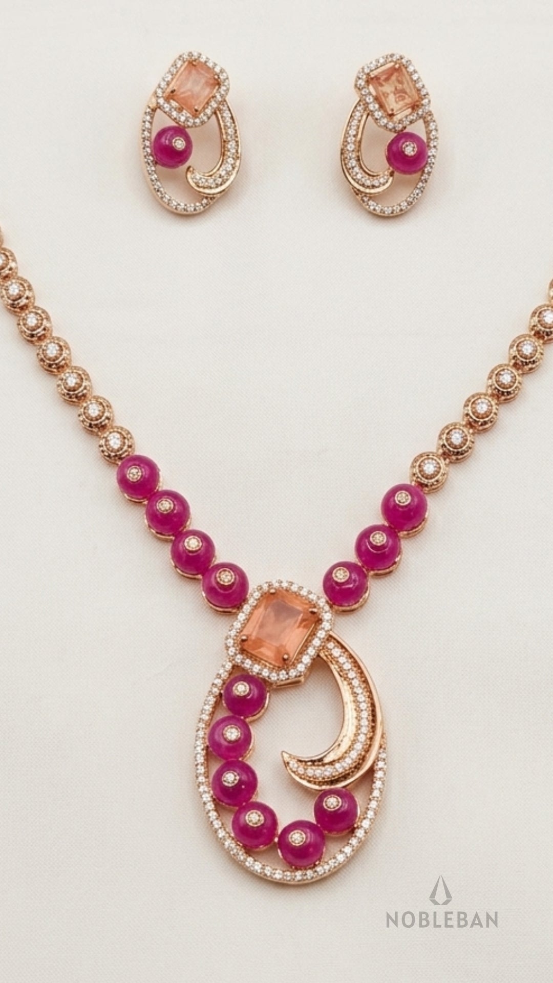 925 Silver Rose Gold Necklace Set with Pink Stones