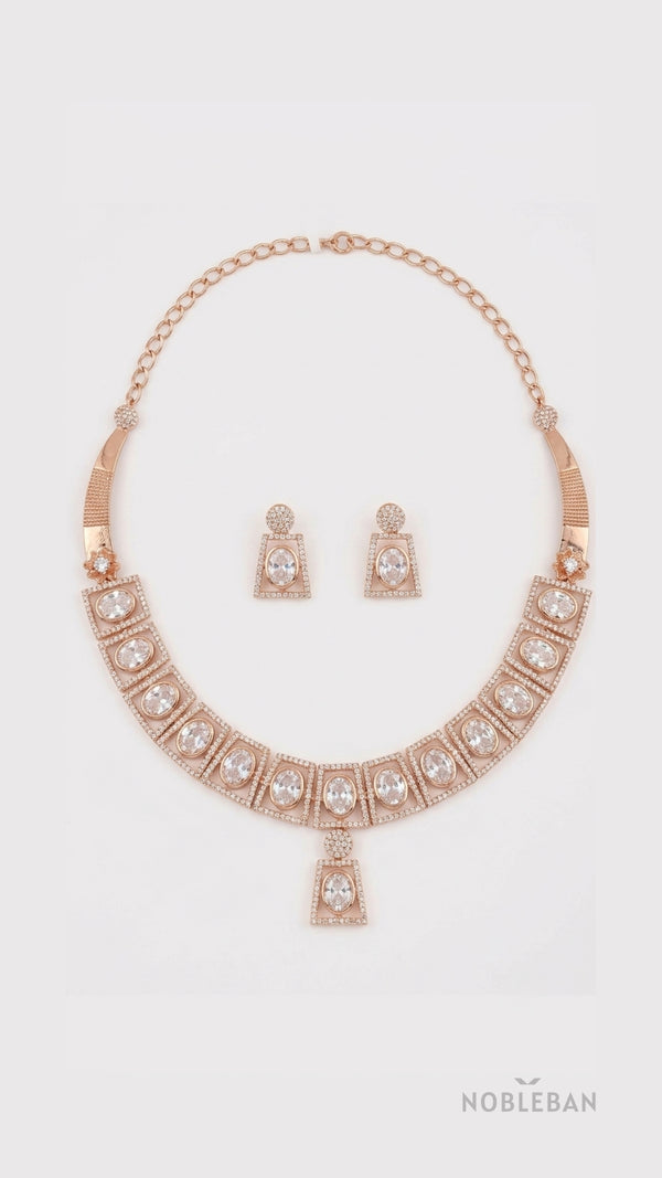 925 Silver Rose Gold Moissanite & CZ Diamond Necklace Set